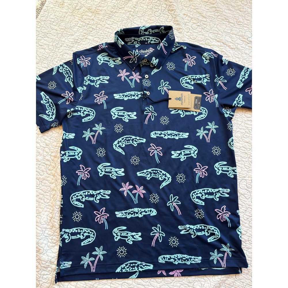 Chubbies Mens Neon Alligator Palm Tree Performance Polo Shirt Navy Blue Medium